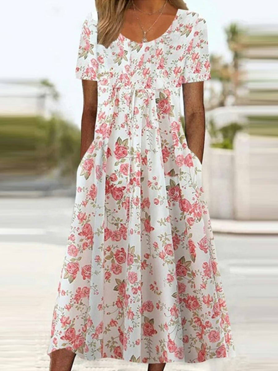 Casual Round Neck Short Sleeve Midi Dress With Pockets