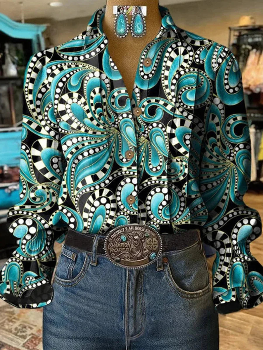 Vintage Abstract Print Long Sleeve Blouse