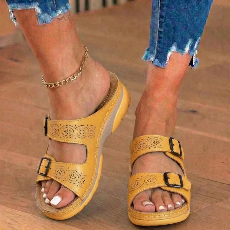 Genuine Leather Platform Slides