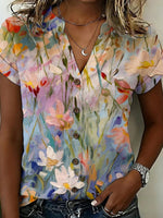 Chic Watercolor Floral Print V-neck Short Sleeve Top