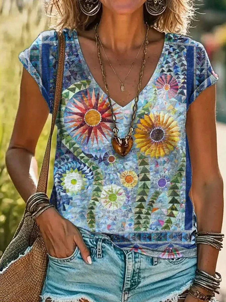 Vintage Casual V-neck Short Sleeve T-Shirt