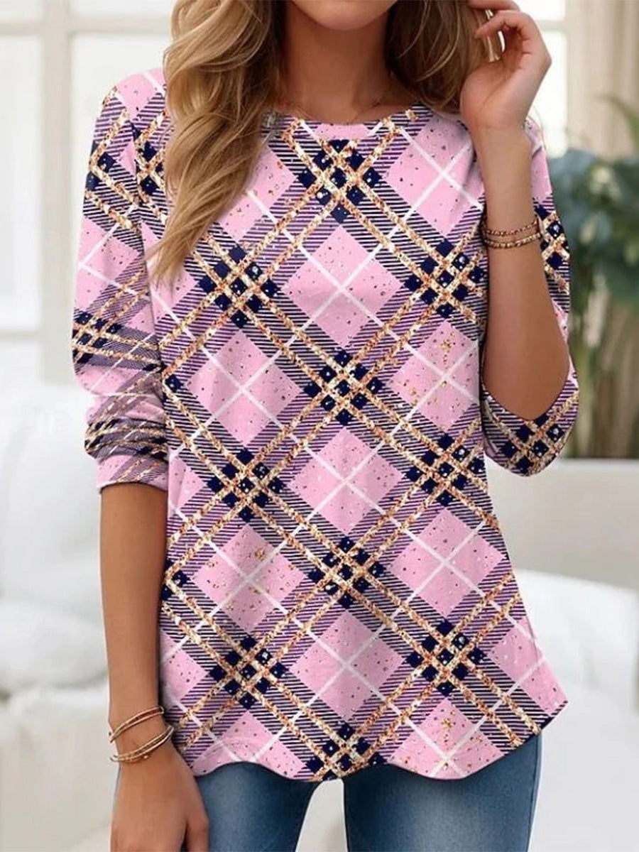 Casual Plaid Round Neck Long Sleeve T-Shirt