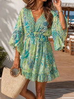 Green Boho Paisley V Neck Ruffle 3/4 Sleeve Mini Dress