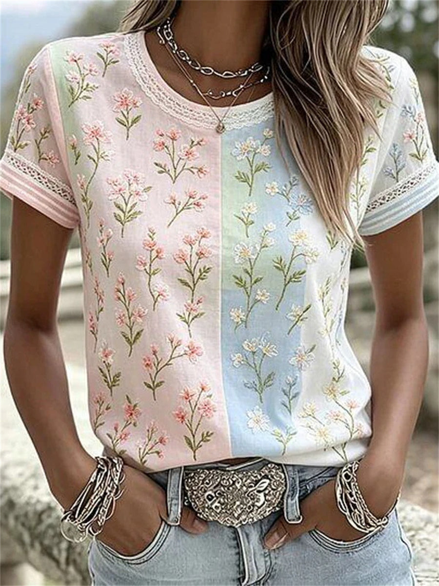 Floral Colour Block Round Neck Short Sleeve T-Shirt