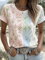 Floral Colour Block Round Neck Short Sleeve T-Shirt