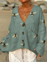 Women's Vintage Bee Art Print V-neck Long Sleeve Casual Pullover Sweater