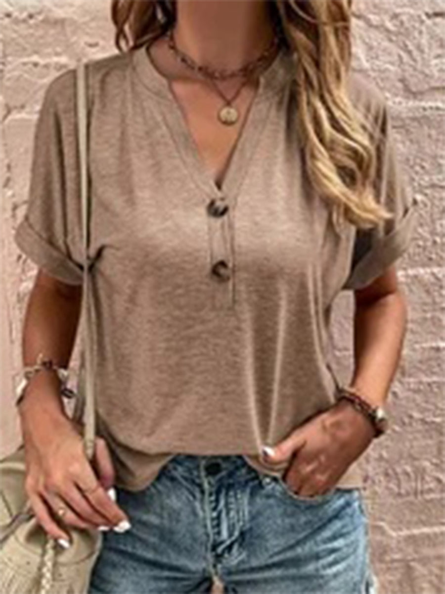 Women?ˉs V-Neck Button Front Short Sleeve Casual Loose Top