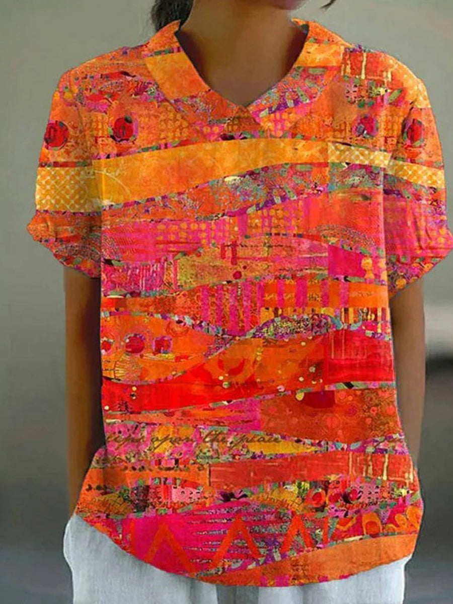 Vintage Abstract Print Short Sleeve Blouse