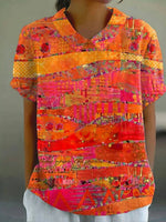 Vintage Abstract Print Short Sleeve Blouse