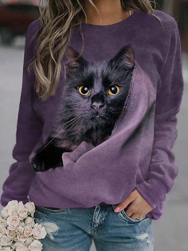 Purple Casual Graphic Tops Round Neck Long Sleeve Cat Printed Sweatshirt