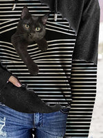Black Cat Print Patchwork Striped Long Sleeve Hooded Sweatshirt