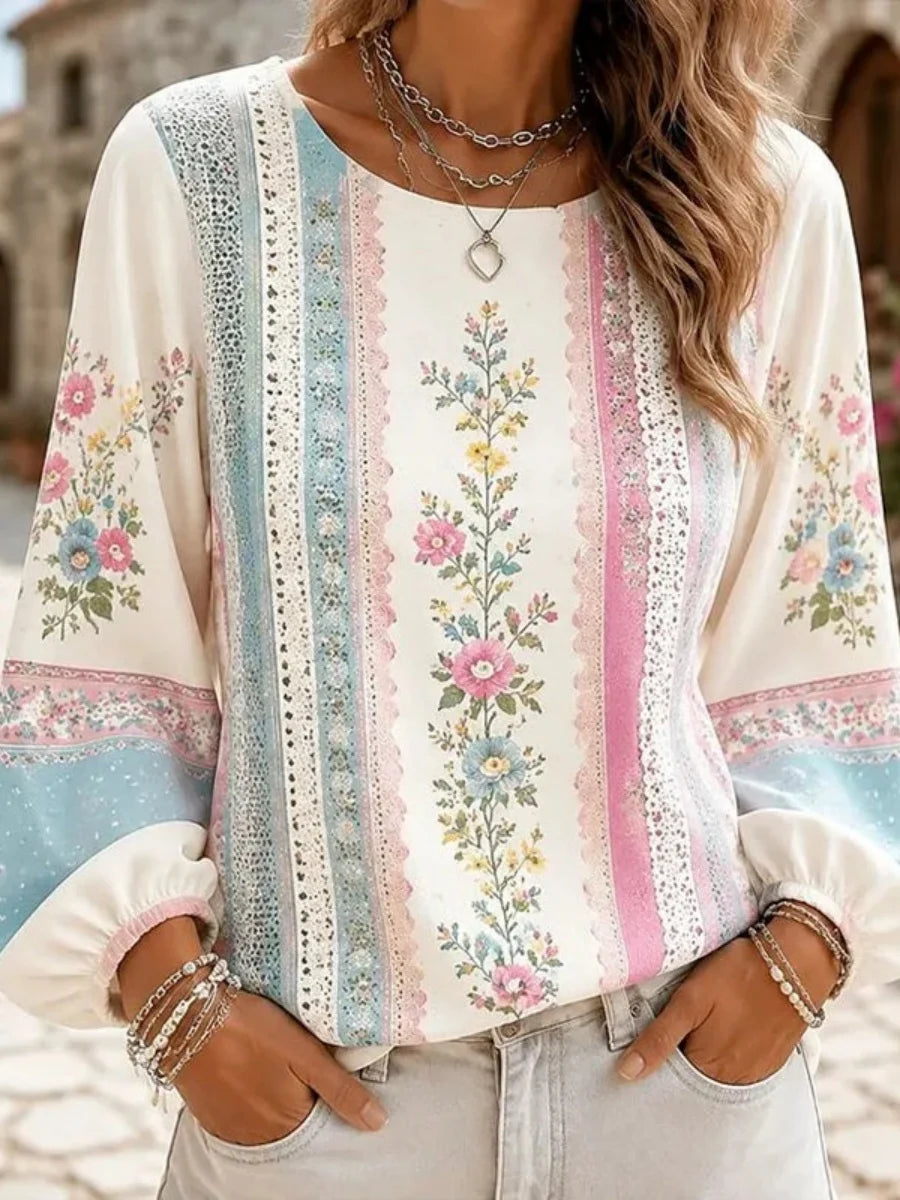 Vintage Floral Print Round Neck Long Sleeve Blouse
