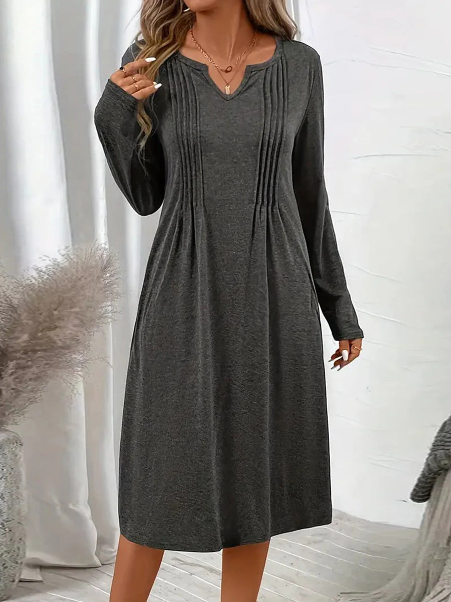 Grey Plain Long Sleeve Midi Dress