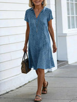 Blue Ditsy Dot Collared Short Sleeve A Line Midi Dress