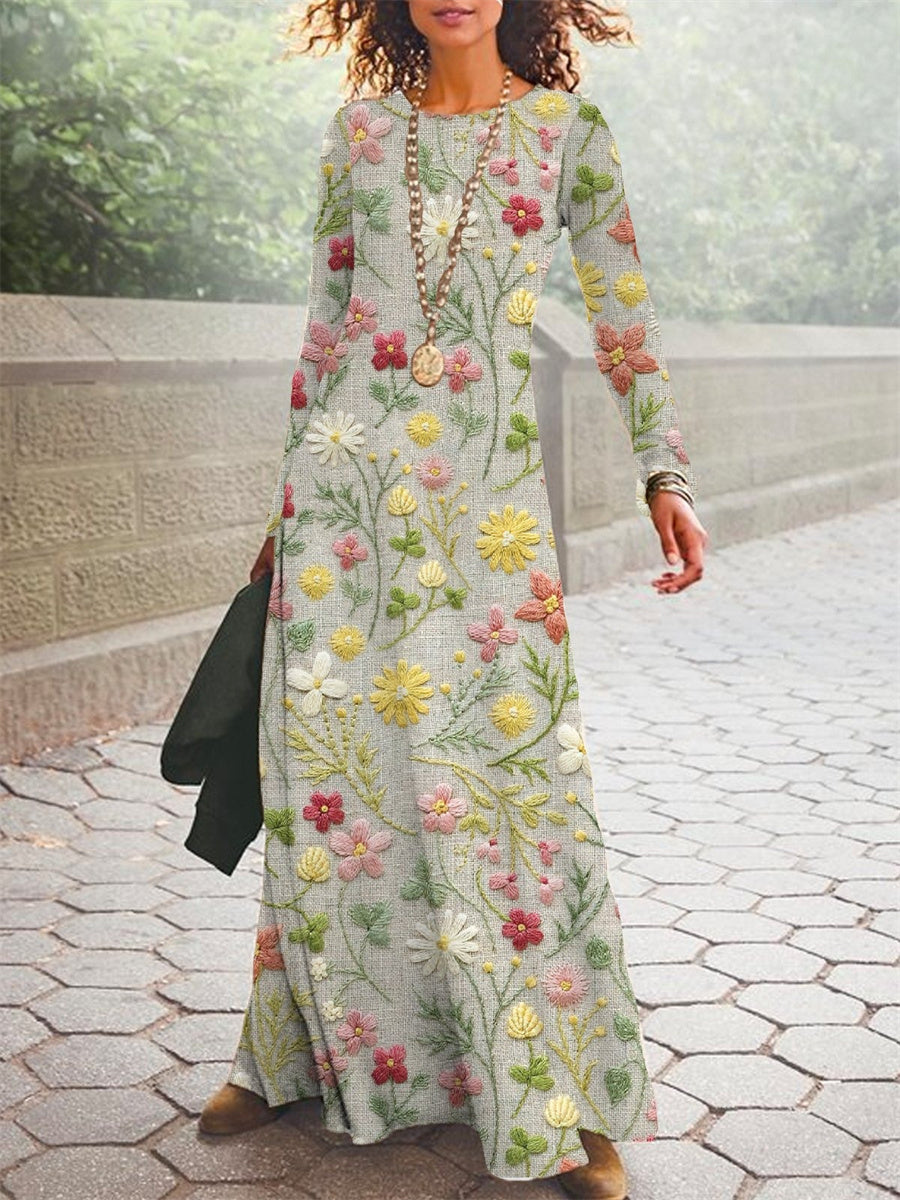 Casual Floral V Neck Long Sleeve Maxi Dress