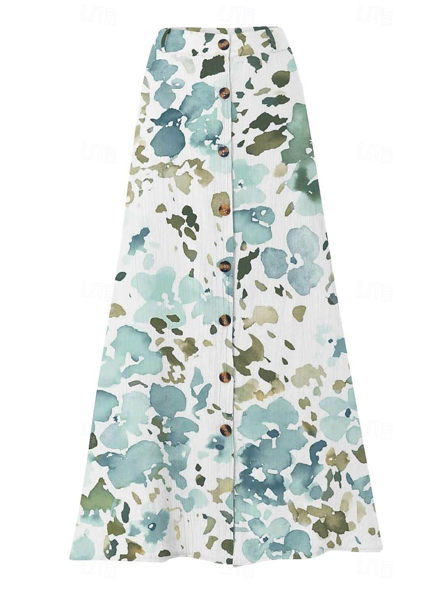 Women's Floral Printed Graphic Straight Fashion Split Button Maxi High Waist Skirt
