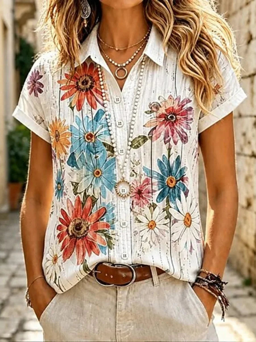 Vintage Daisy Floral Collared Cuffed Short Sleeve Shirt