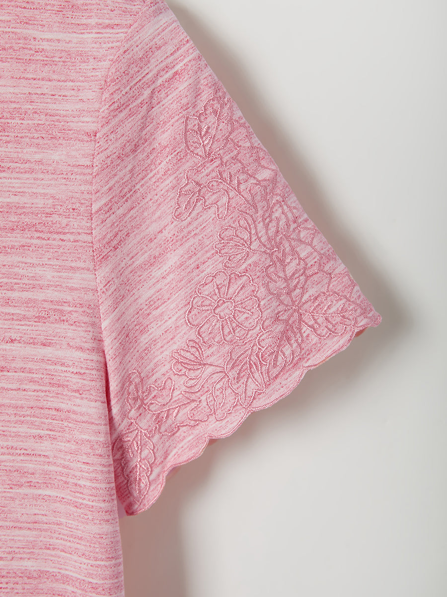 Casual Solid Embroidery V-neck Short Sleeve T-shirt