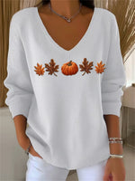 Women's Casual Autumn Maple Leaf Pumpkin Striped Long Sleeve V-Neck Top