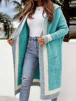 Contrast Hoodie Open Front Long Cardigan