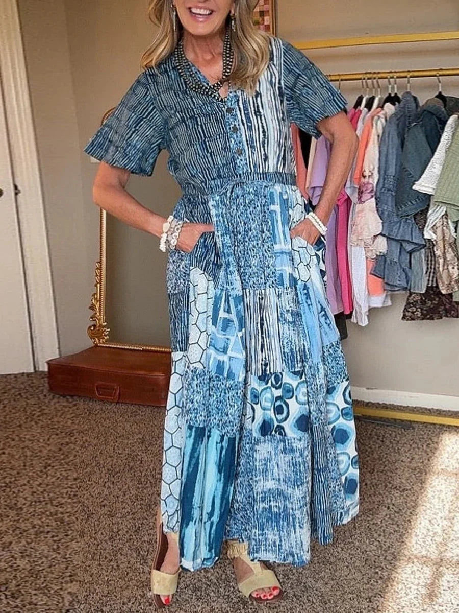 Blue Patchwork Print Button-Down Tiered Maxi Dress