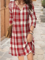 Casual Plaid V-neck Long Sleeve Dress