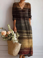 Retro V-Neck Brown Long Sleeve Midi Dress