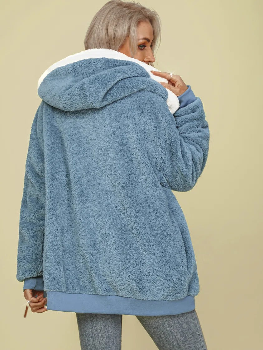 Casual Blue Long Sleeve Hoodie Jacket
