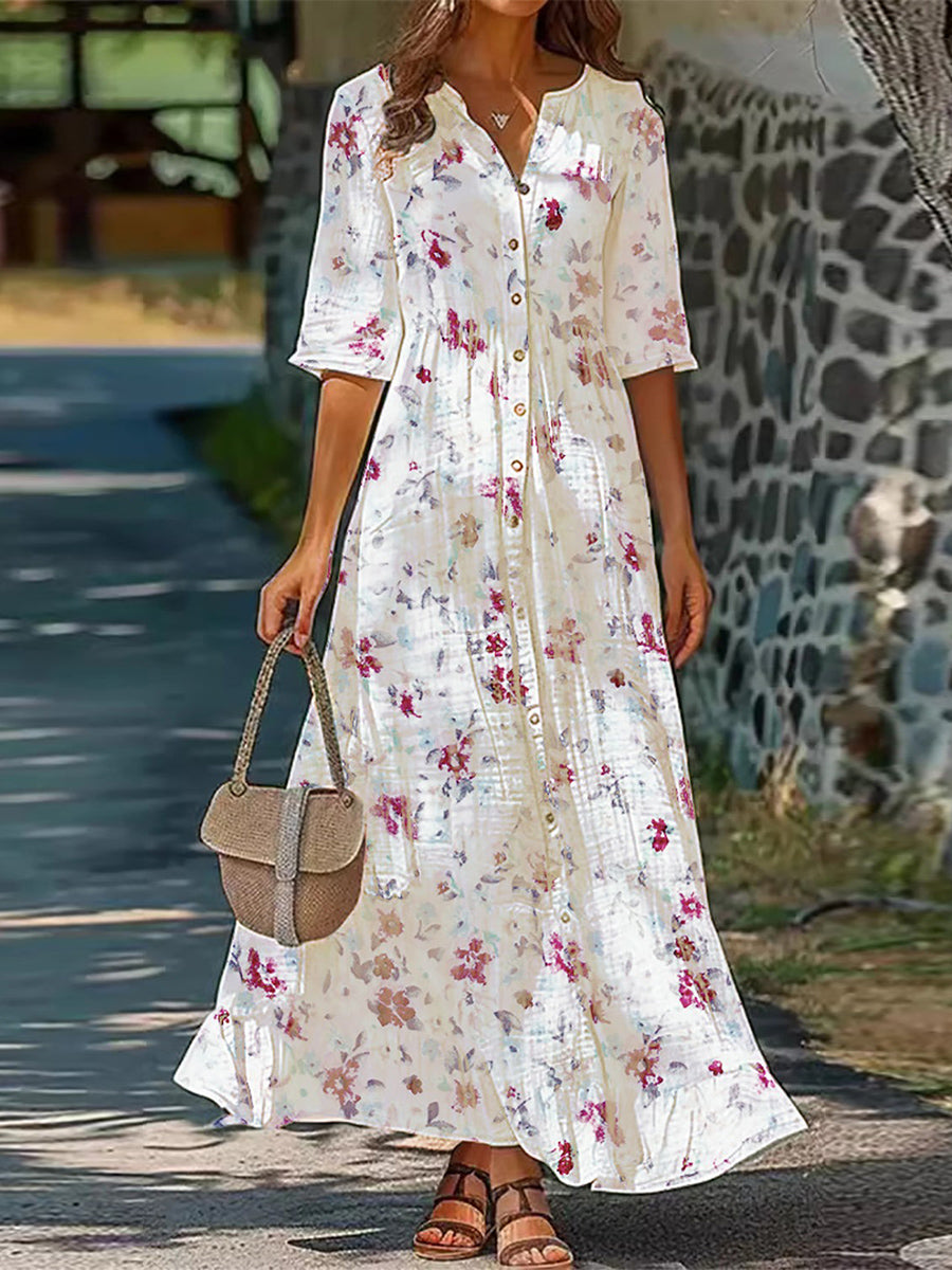 Women’s Elegant Floral Half Sleeve Button Front Maxi Dress