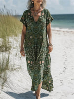 Women's Vintage Lovely V-neck Short Sleeve Floral Art Print Dress