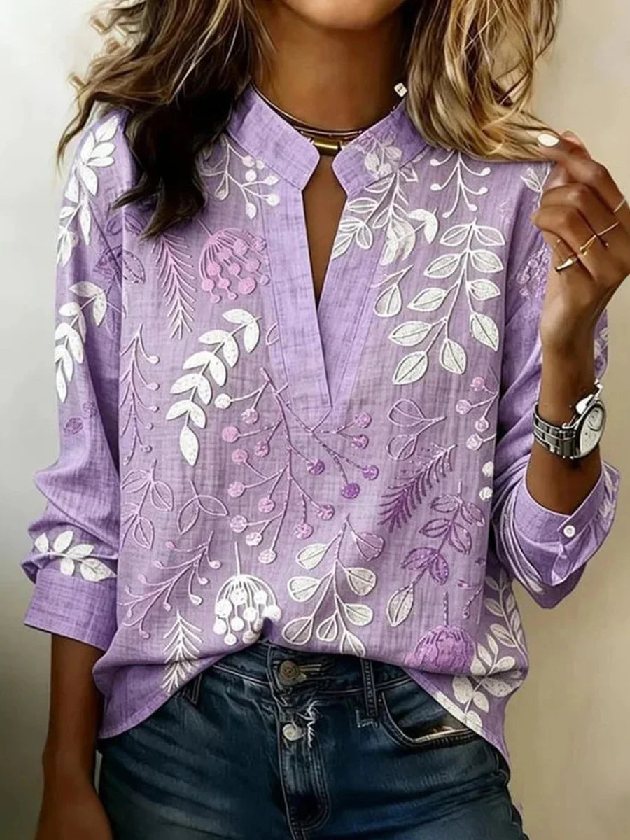 Vintage Leaf Print V-neck Long Sleeve Blouse