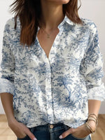 Romantic Blue Floral Print Long Sleeve Button Down Shirt