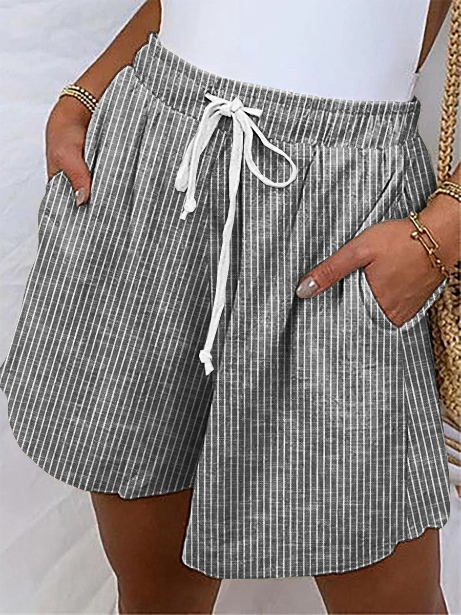 Casual Deep Gray Striped Loose Shorts