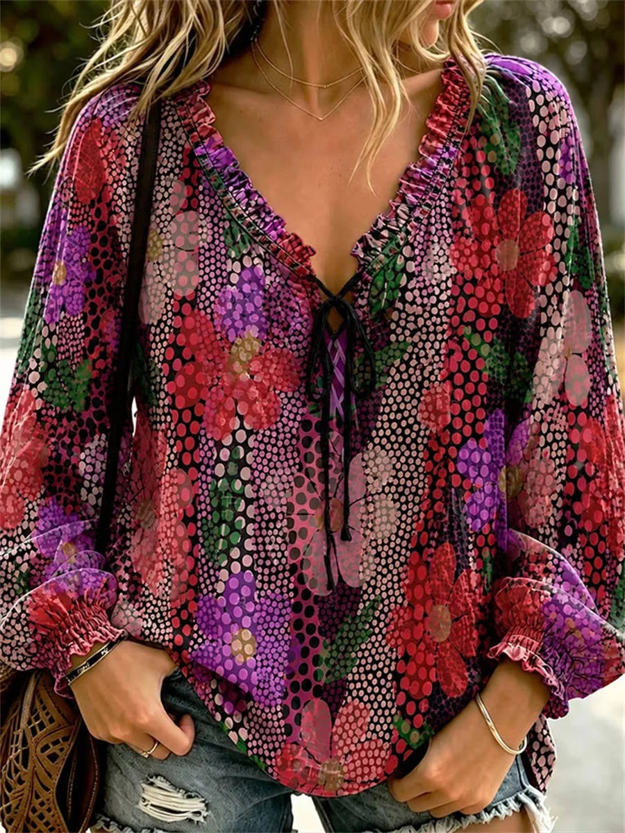 Women's Bohemian Floral Print V-neck Long Sleeve Blouse