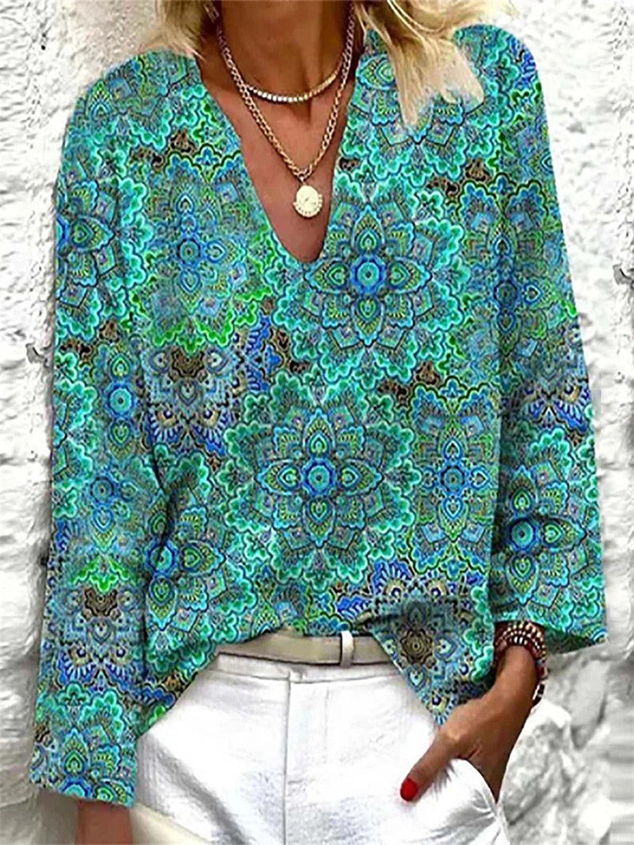 Women’s V Neck Long Sleeve Boho Geometric Print Loose Fit Blouse