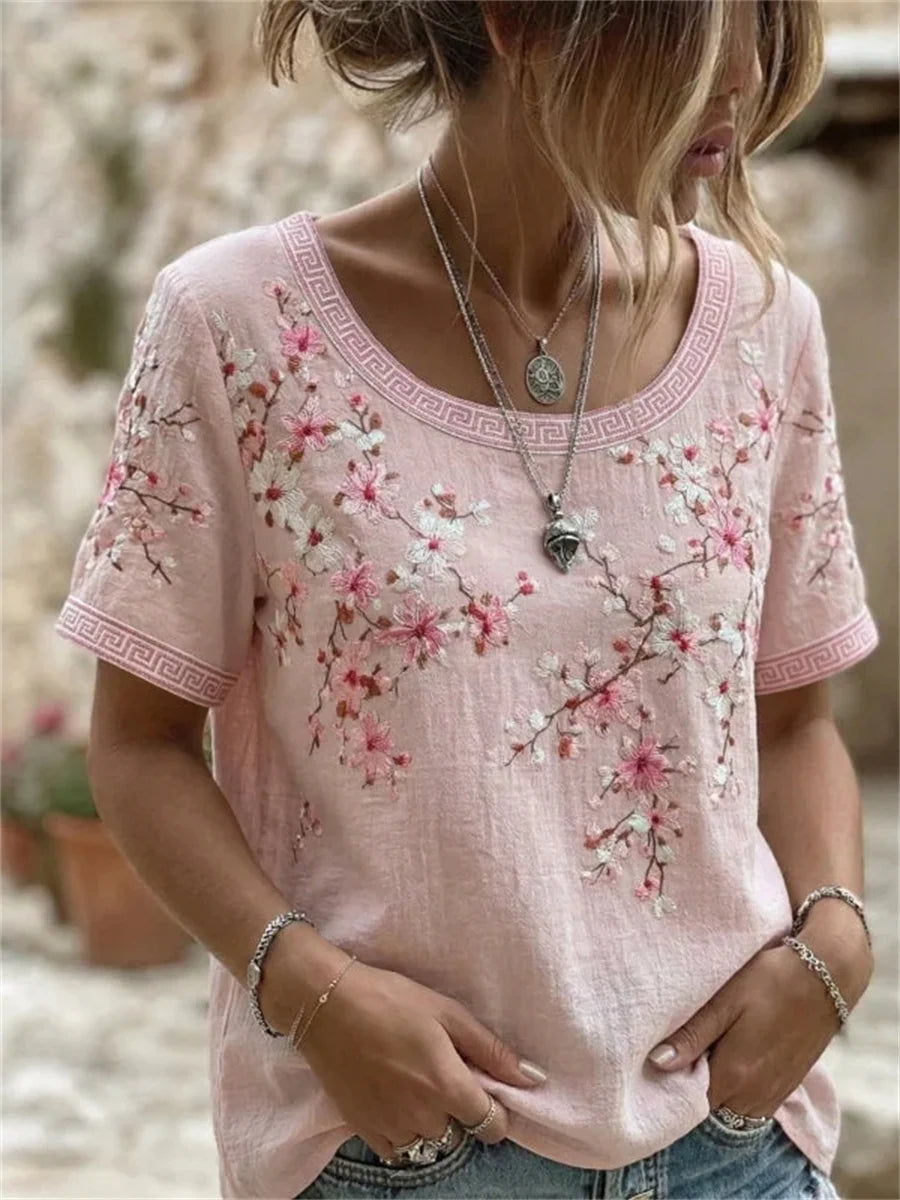 Vintage Floral Print Round Neck Short Sleeve T-Shirt