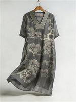Pine Trees Japanese Lino Art Flowy V-neck Short Sleeve Maxi Dress