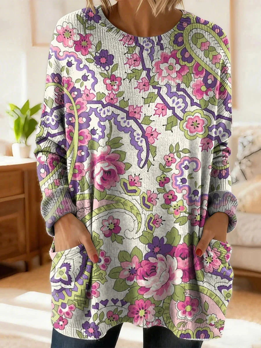 Women's Retro Floral Ethnic Art Print Casual Round Neck Long Sleeve Sweater