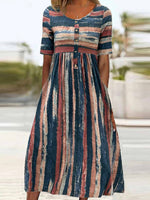 Women's Striped Button Front Short Sleeve Loose Fit Midi Dress