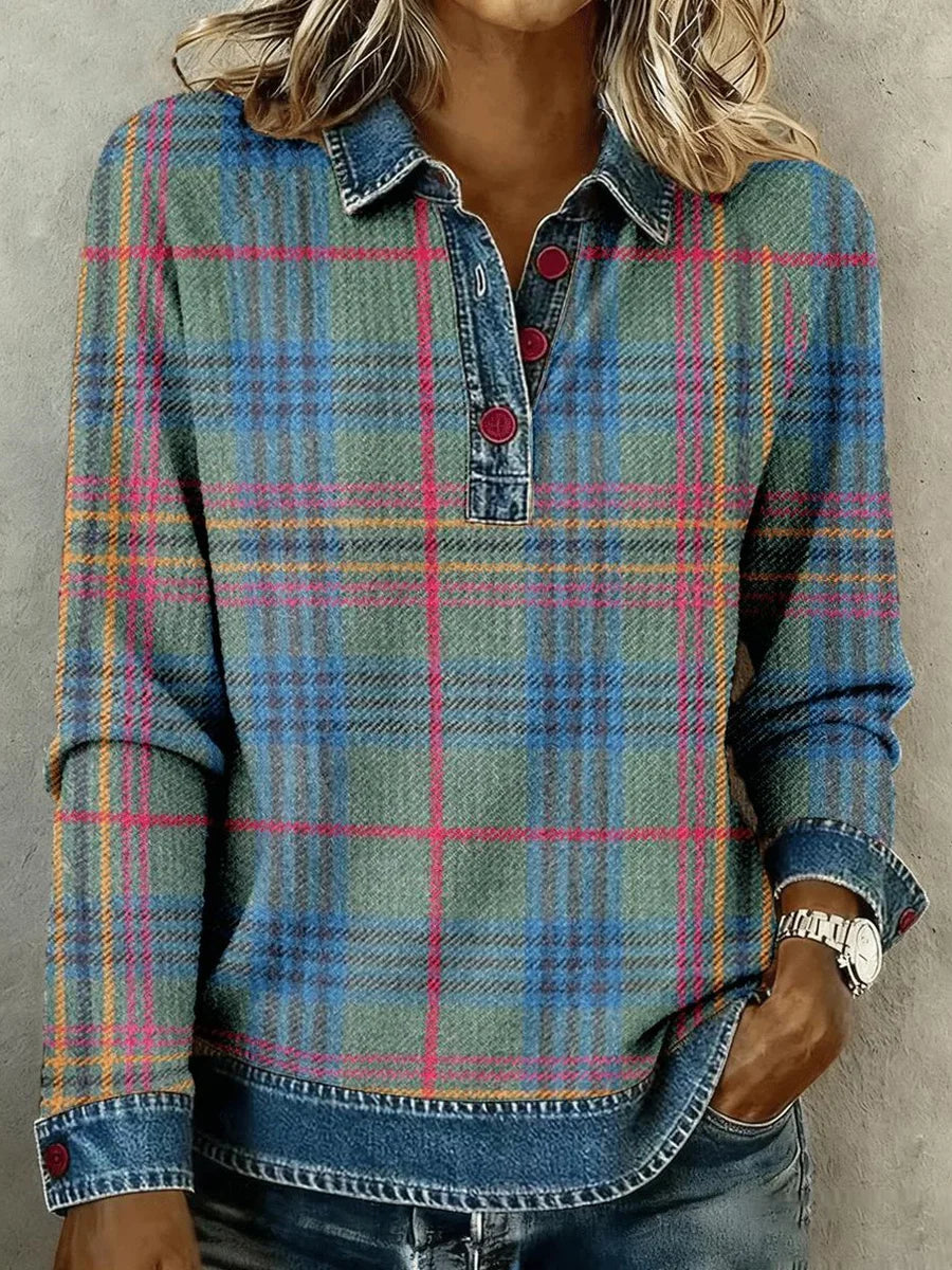 Fresh Plaid Denim Button Down Long Sleeve Top