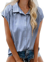 Blue Gingham Collared Cap Sleeve Button Down Top
