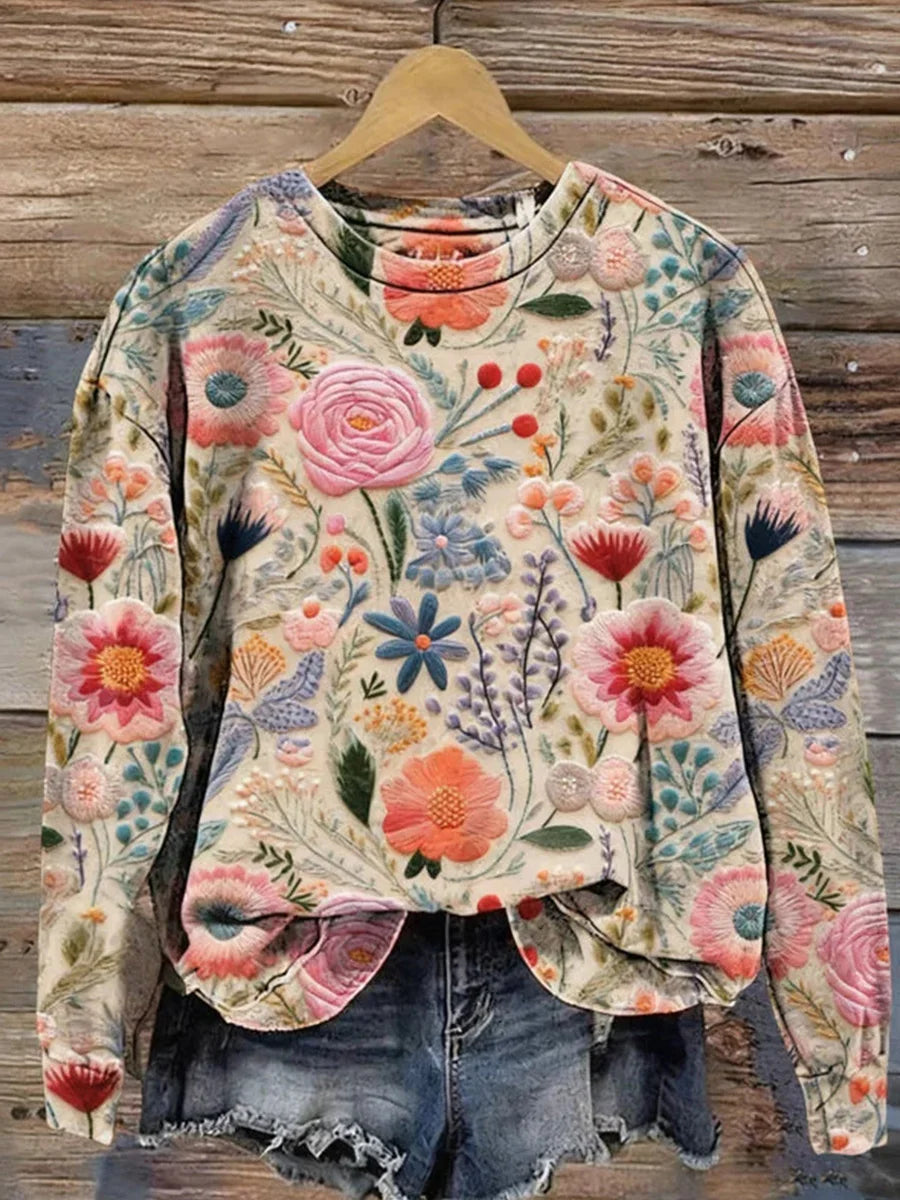 Vintage Floral Print Round Neck Long Sleeve Sweatshirt