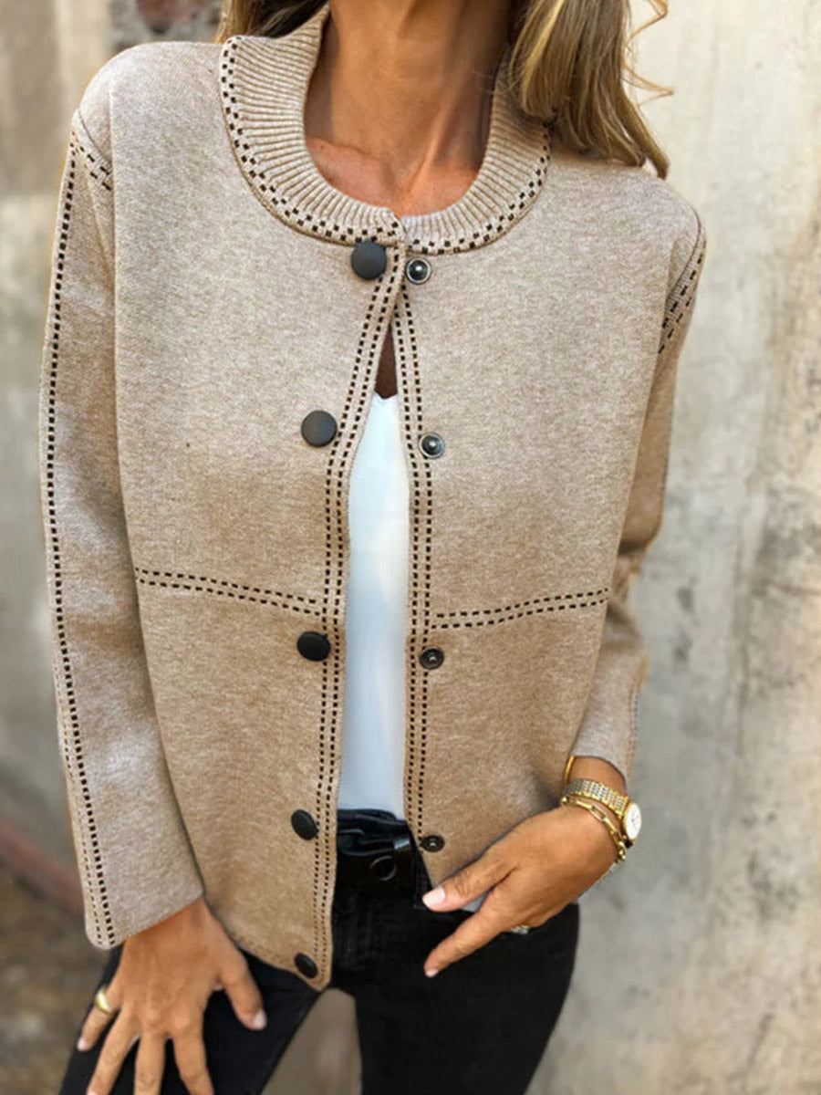 ChicButton-Front Long Sleeeve Jacket with Contrast Stitching