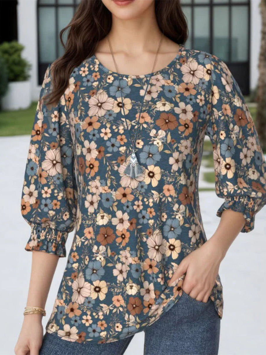Vintage Floral Print Round Neck 3/4 Sleeve Blouse