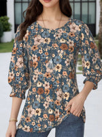 Vintage Floral Print Round Neck 3/4 Sleeve Blouse