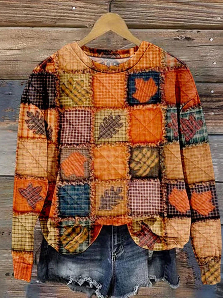 Vintage Leaf Print Round Neck Long Sleeve Sweatshirt