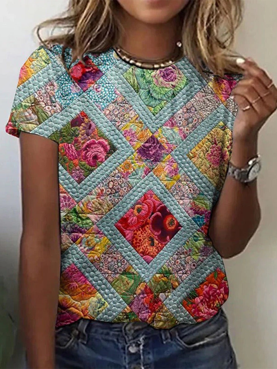 Vintage Floral Print Round Neck Short Sleeve T-Shirt