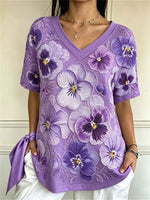 Casual Floral V Neck Short Sleeve T-shirt