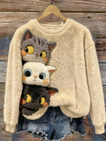 Women's Funny Cats Pattern Art Print Casual Round Neck Velvet Sweatshirt