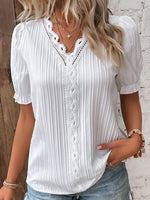 White Casual V Neck Solid Short Sleeve Blouse